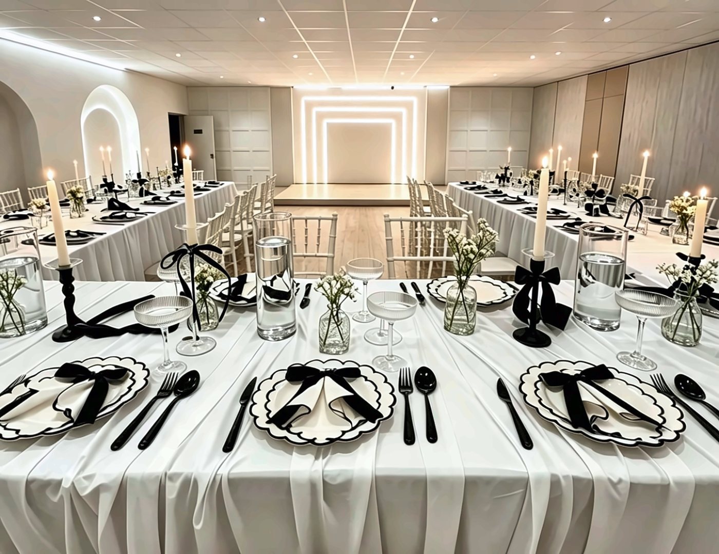 A long top table laid in black and white, scalloped plates and black bows, the lit stage beyond